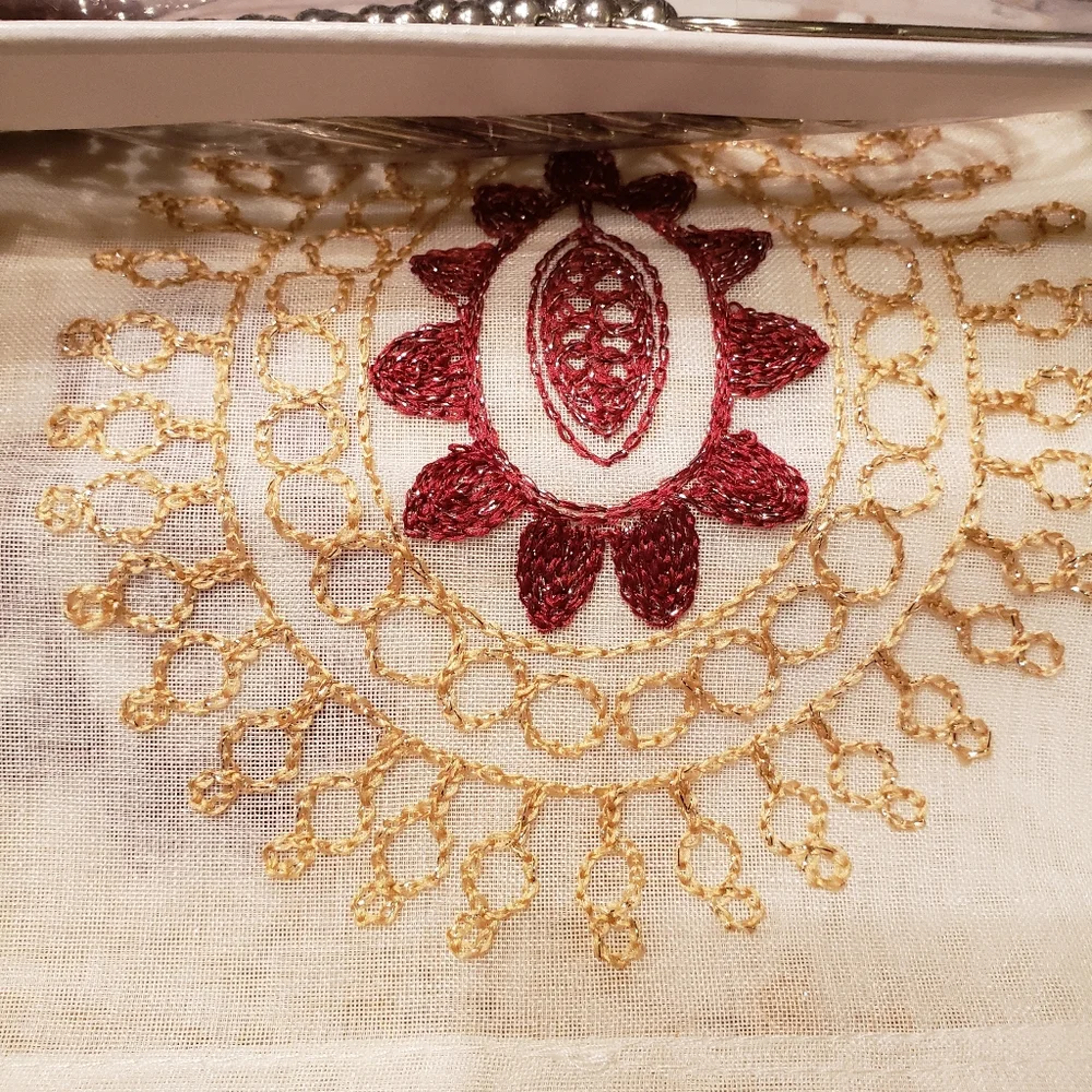 Ivory Shower Curtain With Beige & Burgundy Embroidery